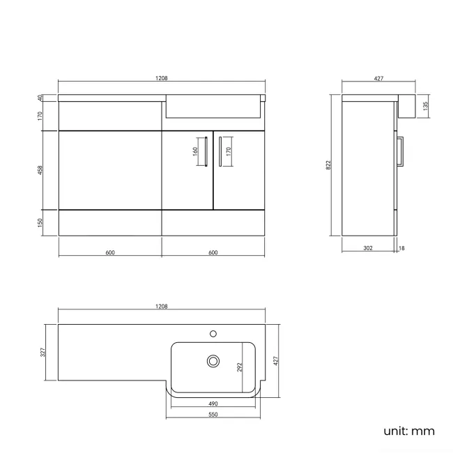 Harper Gloss White Basin Vanity and Back To Wall Toilet Unit 1200mm (Excludes Toilet)- Brushed Brass Accents - Right Handed