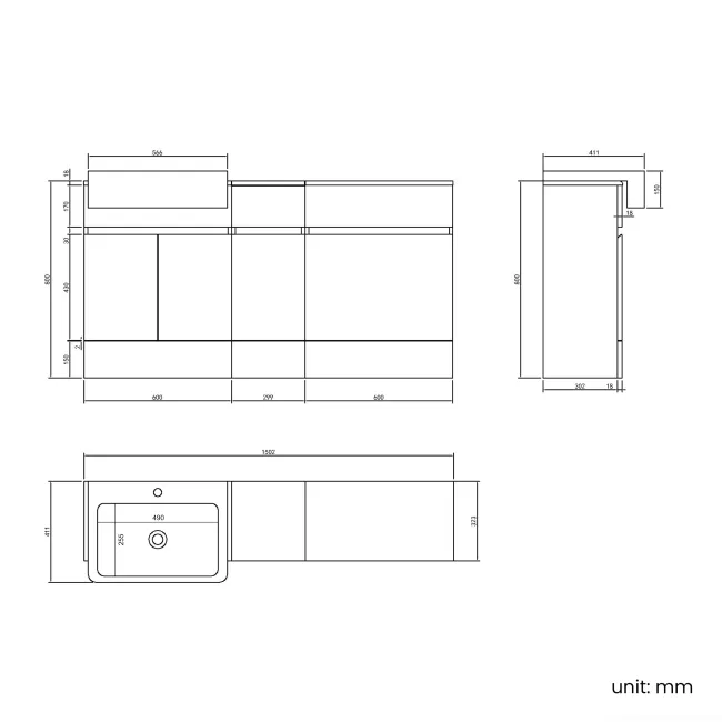 Foster Stone Grey Combination Vanity Basin 1500mm - Excludes Toilet