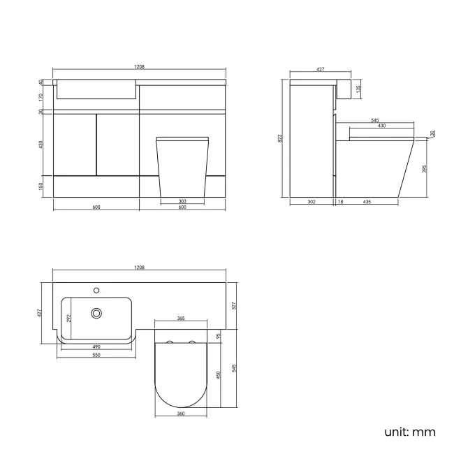 Foster Tungsten Grey Combination Vanity Basin and Boston Toilet 1200mm - Left Handed