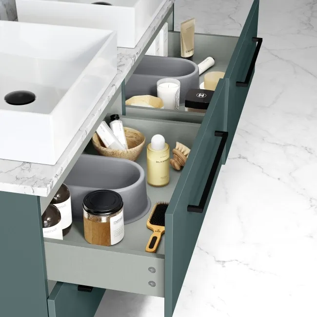 Elba Midnight Green Double Wall Hung Drawer Vanity with Marble Top & Cody Basin 1200mm - Black Accents