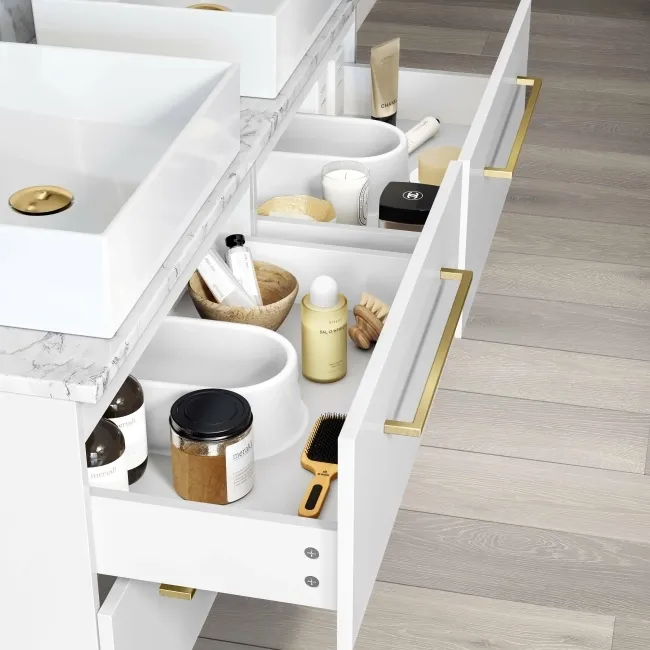 Elba Gloss White Double Wall Hung Drawer Vanity with Marble Top & Cody Basin 1200mm - Brushed Brass Accents