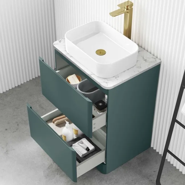 Corsica Midnight Green Vanity Drawer with Marble Top & Marin Basin 600mm