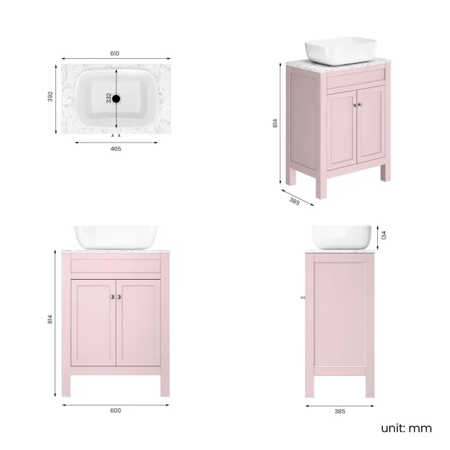 Bermuda Cashmere Pink Vanity with Marble Top & Curved Counter Top Basin 600mm