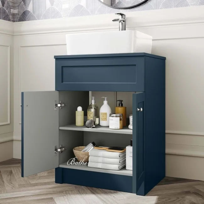 Milos Navy Blue Vanity with Troy Basin 600mm - Brushed Handles