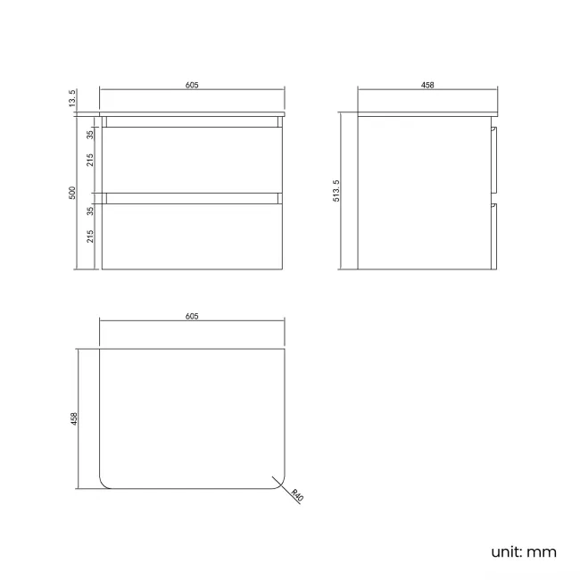 Corsica Tungsten Grey Wall Hung Drawer Vanity with Marble Top 600mm - Excludes Counter Top Basin