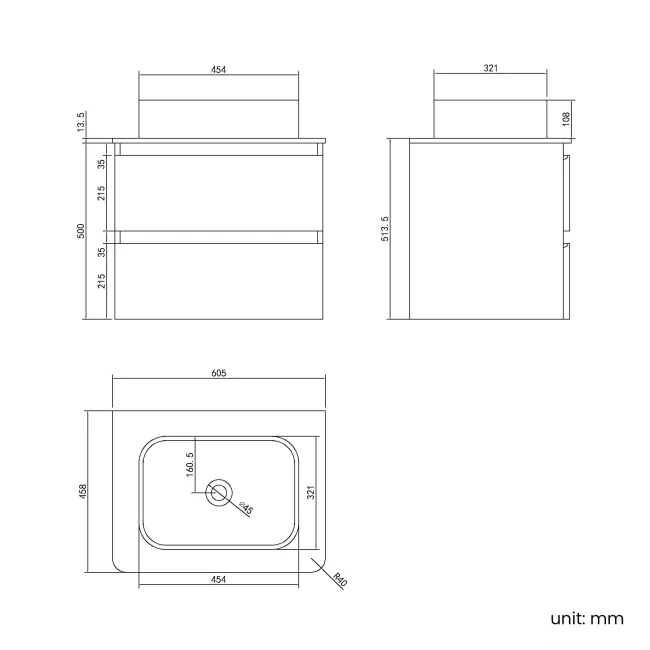 Corsica Tungsten Grey Wall Hung Drawer Vanity with Marble Top & Marin Basin 600mm