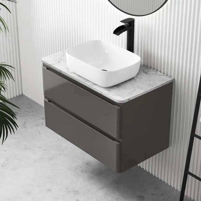 Corsica Tungsten Grey Wall Hung Drawer Vanity with Marble Top & Curved Counter Top Basin 800mm