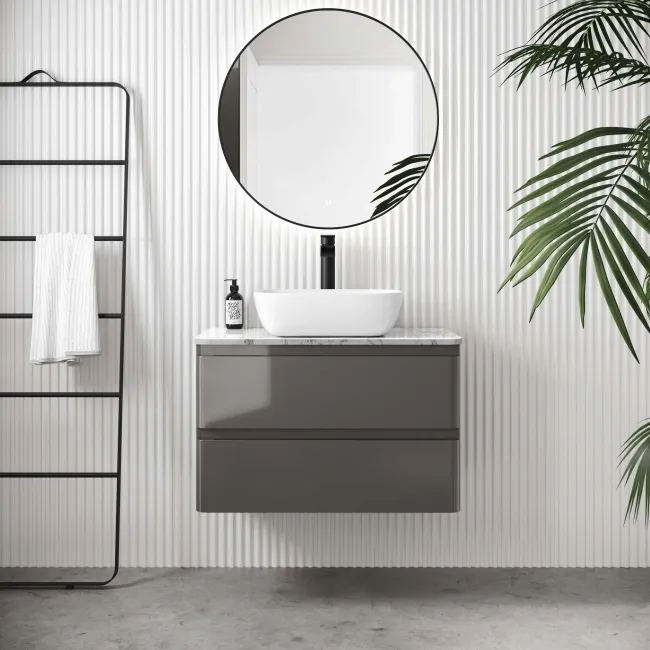 Corsica Tungsten Grey Wall Hung Drawer Vanity with Marble Top & Curved Counter Top Basin 800mm