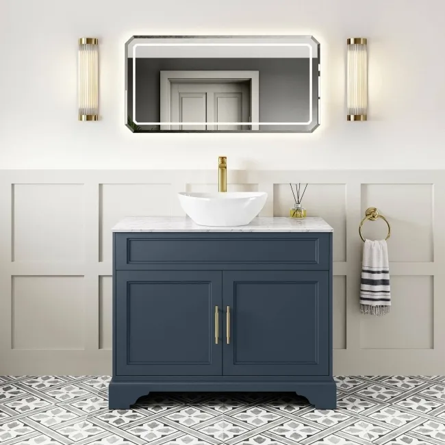 Lucia Inky Blue Vanity with Marble Top & Oval Counter Top Basin 1030mm - Brass Knurled Handles