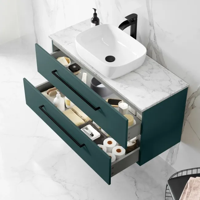 Elba Midnight Green Wall Hung Drawer Vanity with Marble Top & Curved Counter Top Basin 1000mm - Black Accents