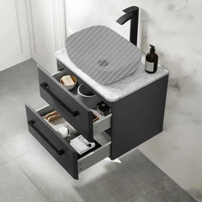 Omaha Slate Grey Wall Hung Drawer Vanity with Marble Top 600mm (Excludes Counter Top Basin) - Black Accents