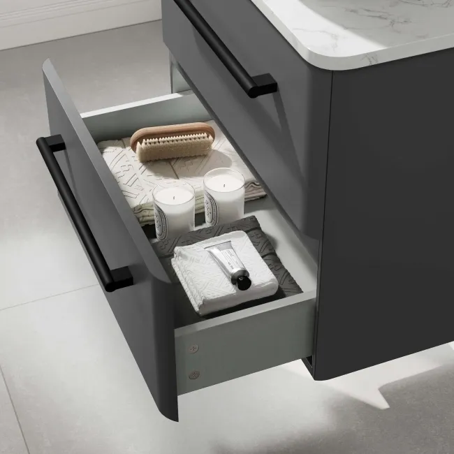 Omaha Slate Grey Wall Hung Drawer Vanity with Marble Top 600mm (Excludes Counter Top Basin) - Black Accents