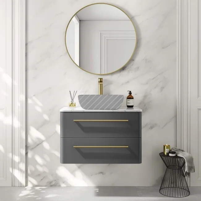 Omaha Slate Grey Wall Hung Drawer Vanity with Marble Top 800mm (Excludes Counter Top Basin) - Brushed Brass Accents