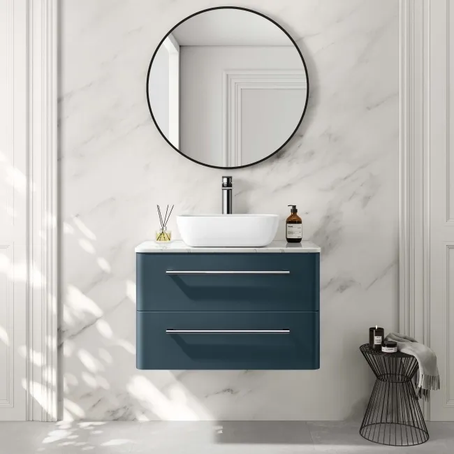 Omaha Navy Blue Wall Hung Drawer Vanity with Marble Top & Curved Counter Top Basin 800mm
