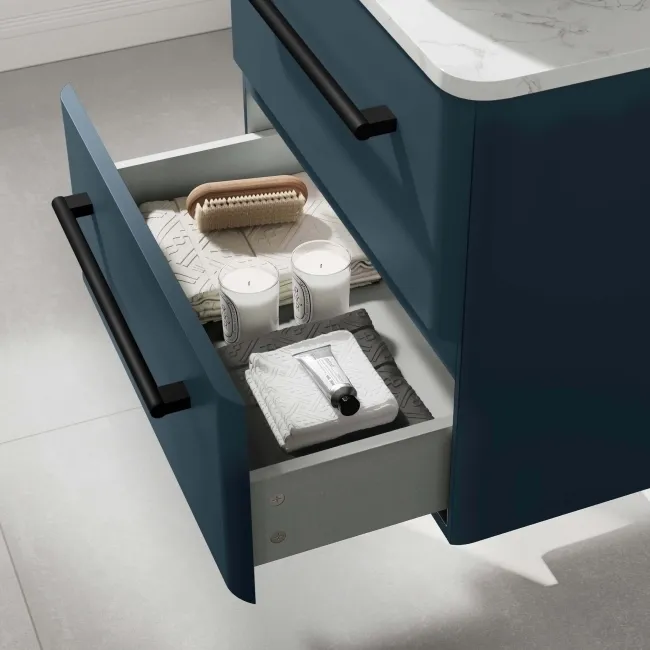 Omaha Navy Blue Wall Hung Drawer Vanity with Marble Top & Curved Counter Top Basin 600mm - Black Accents