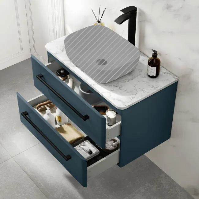 Omaha Navy Blue Wall Hung Drawer Vanity with Marble Top 800mm (Excludes Counter Top Basin) - Black Accents