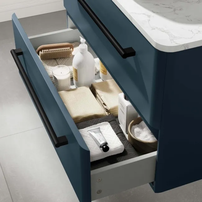 Omaha Navy Blue Wall Hung Drawer Vanity with Marble Top 800mm (Excludes Counter Top Basin) - Black Accents