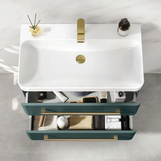 Omaha Mystic Green Wall Hung Basin Drawer Vanity 800mm - Brushed Brass Accents
