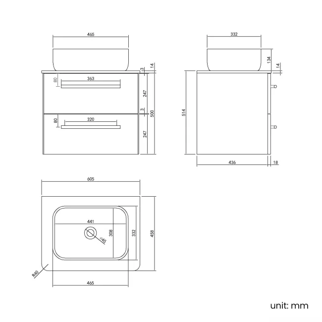 Omaha Linen White Wall Hung Drawer Vanity with Marble Top & Curved Counter Top Basin 600mm