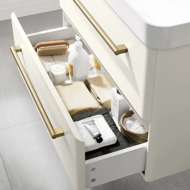Omaha Linen White Wall Hung Basin Drawer Vanity 800mm - Brushed Brass Accents