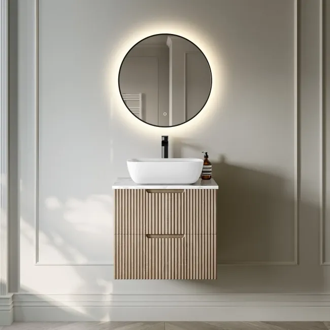 Crete Fluted Apex Oak Wall Hung Drawer Vanity with Marble Top & Curved Basin 600mm