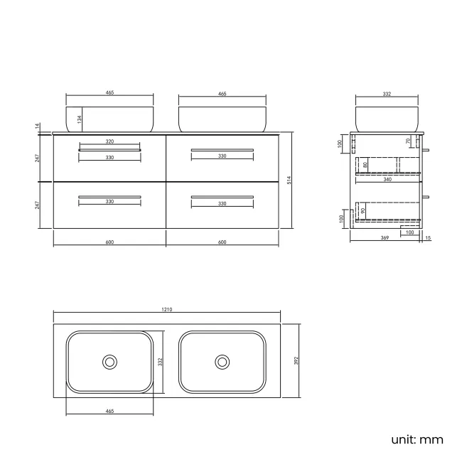 Elba Dawn Oak Double Wall Hung Drawer Vanity with Marble Top & Curved Basin 1200mm