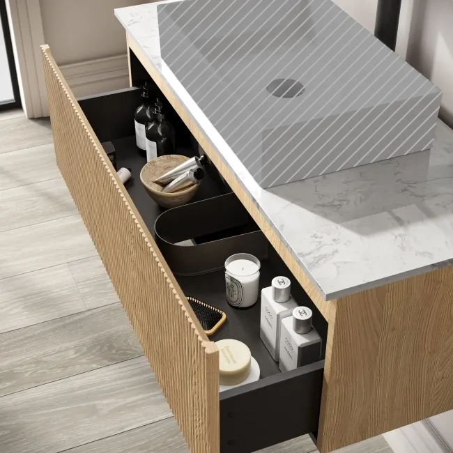 Malta Fluted Country Oak Wall Hung Drawer Vanity with Marble Top 1000mm - Excludes Counter Top Basin