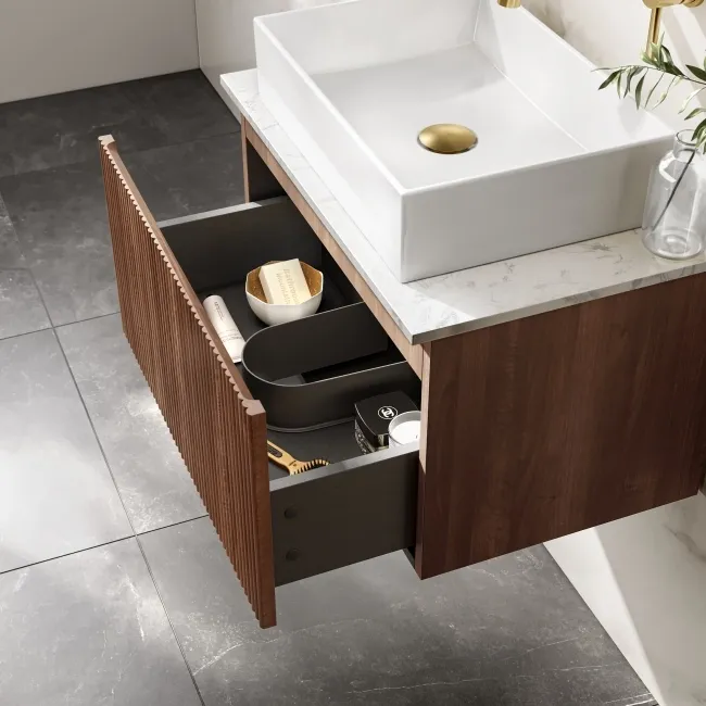 Malta Fluted Black Walnut Wall Hung Drawer Vanity with Marble Top & Cody Basin 600mm