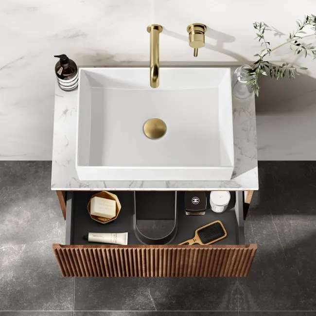 Malta Fluted Black Walnut Wall Hung Drawer Vanity with Marble Top & Cody Basin 600mm