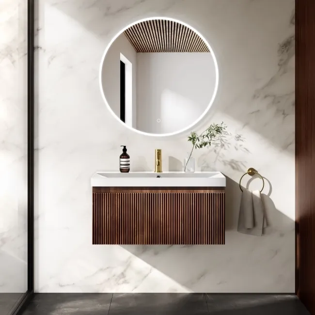 Malta Fluted Black Walnut Wall Hung Basin Drawer Vanity 800mm