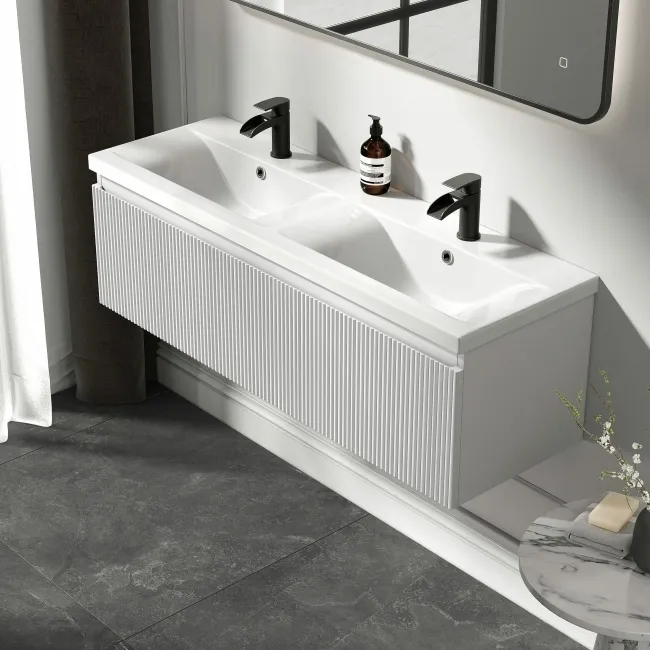 Malta Fluted Coastal White Wall Hung Double Basin Drawer Vanity 1200mm