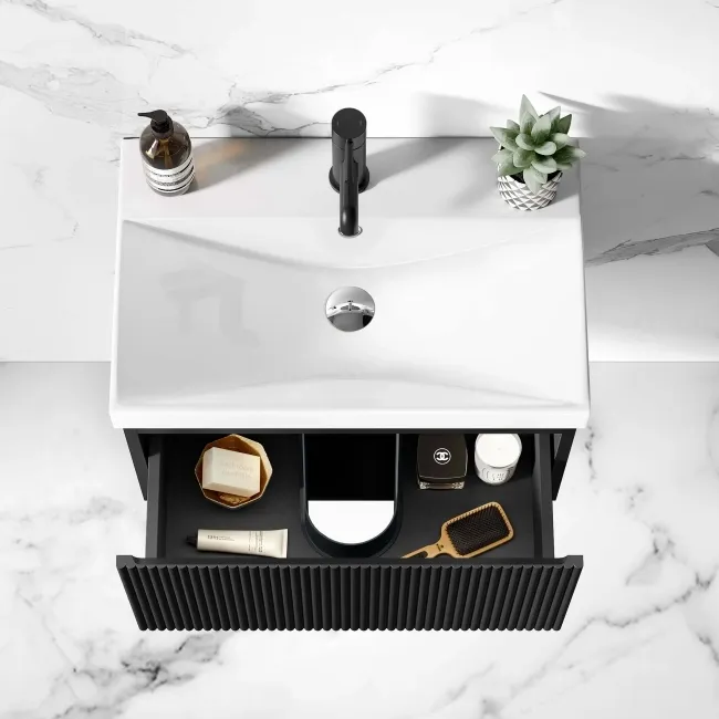Malta Fluted Matt Black Wall Hung Basin Drawer Vanity 600mm