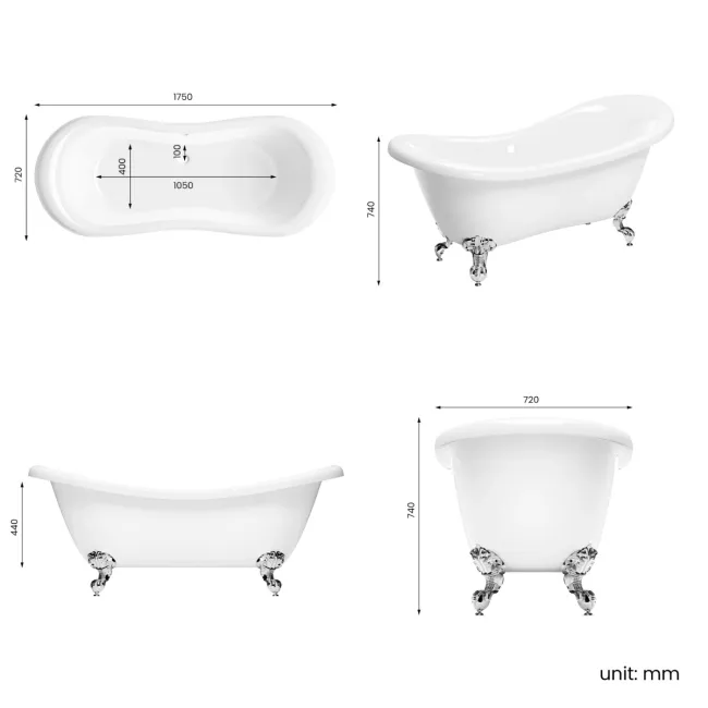 Tonbridge 1750mm Roll Top Bath - Chrome Ball Feet