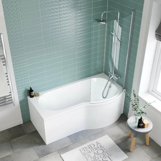 P Shaped 1600 Shower Bath with Front Panel & 4mm Screen - Right Handed