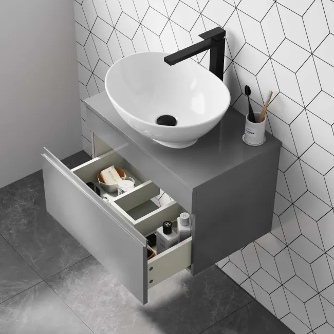 Trent Stone Grey Wall Hung Drawer Vanity with Oval Counter Top Basin 600mm
