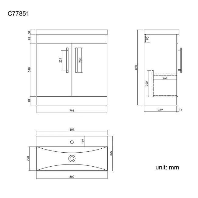 Avon Gloss White Basin Vanity 800mm - Black Accents
