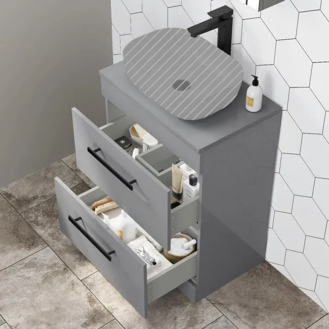Avon Stone Grey Counter Top Drawer Vanity 600mm - Black Accents