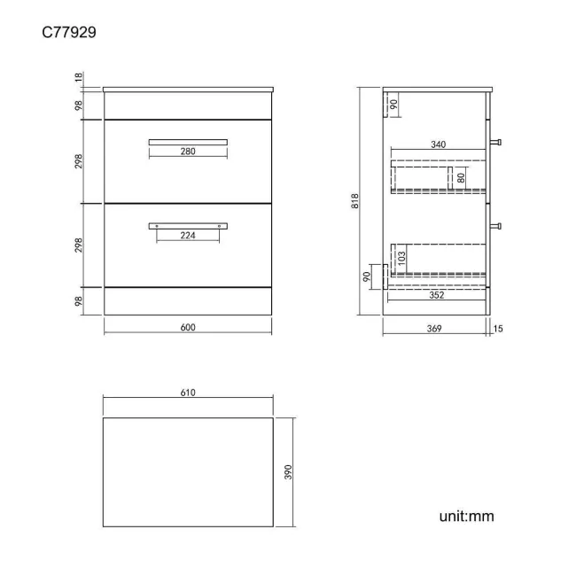 Avon Stone Grey Counter Top Drawer Vanity 600mm - Black Accents