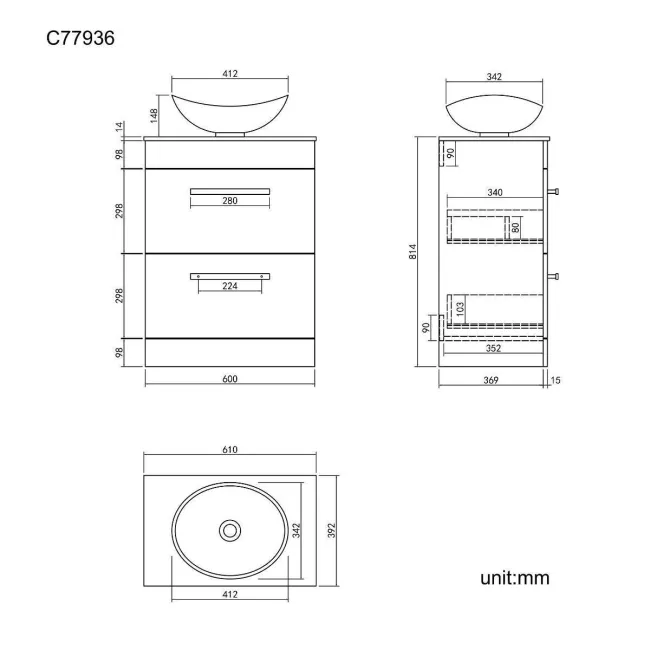 Avon Stone Grey Vanity Drawer with Marble Top & Oval Counter Top Basin 600mm - Black Accents