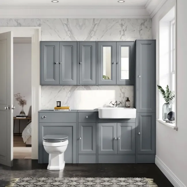 Monaco Dove Grey Combination Vanity Basin and Hudson Toilet with Wooden Seat 1500mm