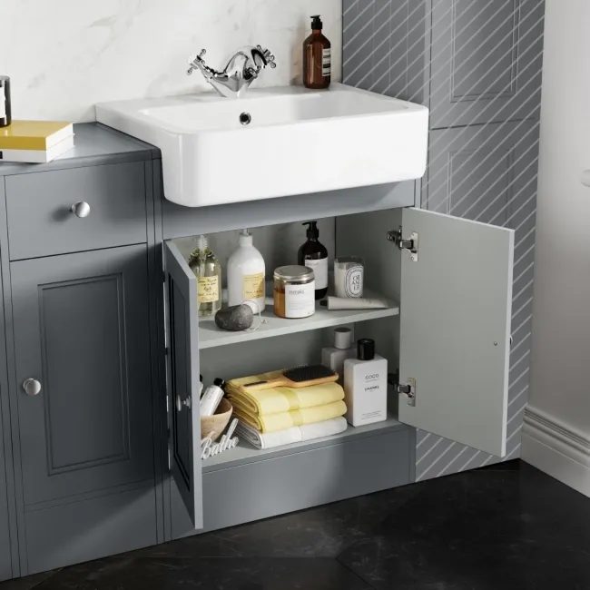 Monaco Dove Grey Combination Vanity Basin and Hudson Toilet with Wooden Seat 1500mm