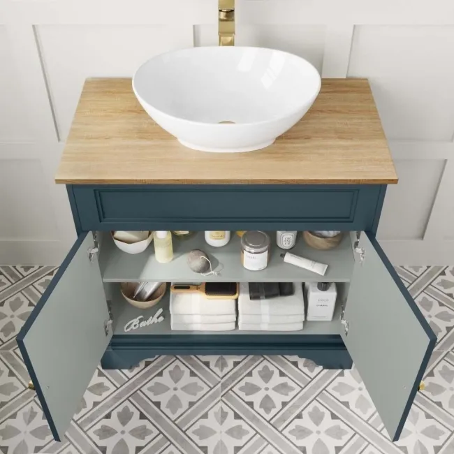 Lucia Inky Blue Vanity with Oak Effect Top & Oval Counter Top Basin 840mm - Brushed Brass Accents