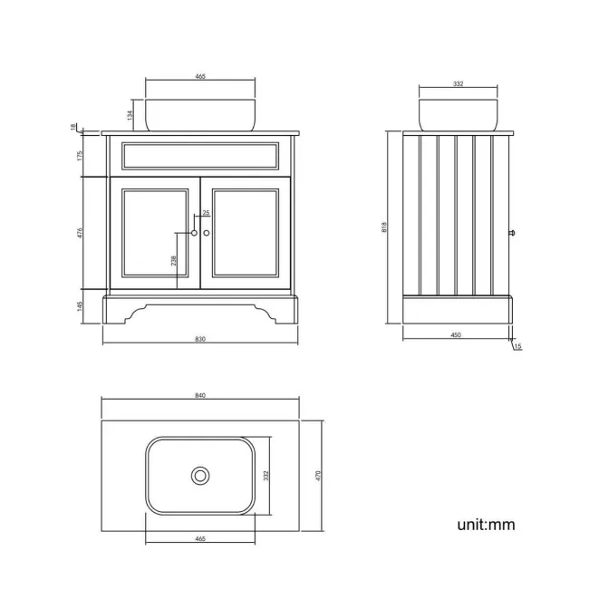 Lucia Midnight Green Vanity with Oak Effect Top & Curved Counter Top Basin 840mm - Brushed Brass Accents