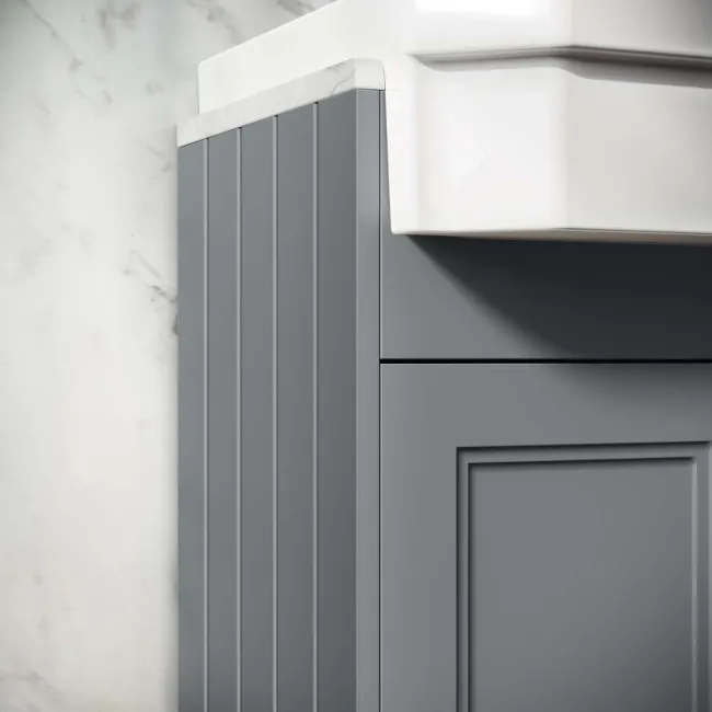 Monaco Dove Grey Combination Vanity Traditional Basin with Marble Top & Hudson Toilet with Wooden Seat 1200mm - Brushed Brass Accents