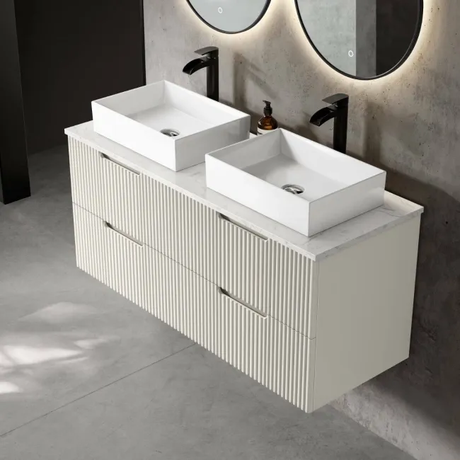 Crete Fluted Linen White Double Wall Hung Drawer Vanity with Marble Top & Cody Basin 1200mm