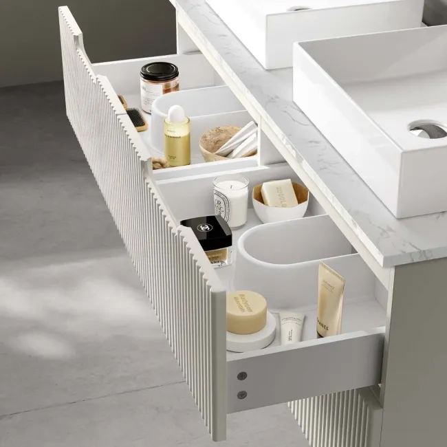 Crete Fluted Linen White Double Wall Hung Drawer Vanity with Marble Top & Cody Basin 1200mm