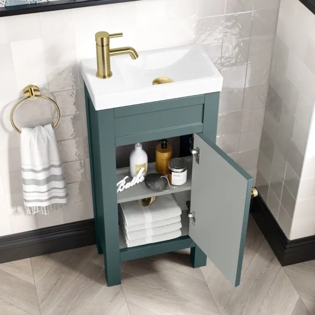Bermuda Midnight Green Cloakroom Basin Vanity 400mm - Brushed Brass Accents