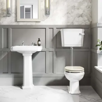 Hudson Traditional Low-Level Toilet With Chalk White Seat & Pedestal Basin - Double Tap Hole