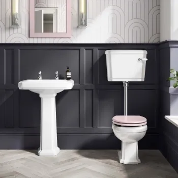Hudson Traditional Low-Level Toilet With Cashmere Pink Seat & Pedestal Basin - Double Tap Hole