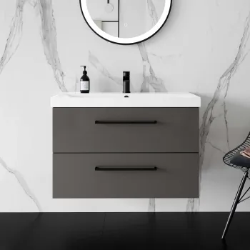 Elba Graphite Grey Wall Hung Basin Drawer Vanity 800mm - Black Accents